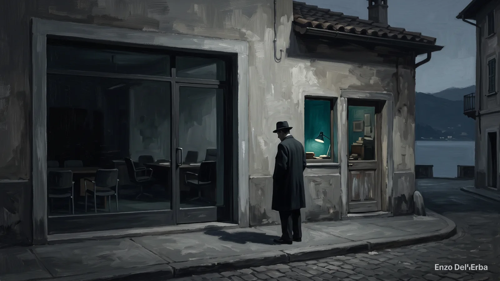 Illustrazione: una strada di una cittadina di lago al tramonto, un uomo in cappotto scuro davanti a due porte, la grande vetrina di un’agenzia con le sedie vuote e una piccola porta con una lampada accesa