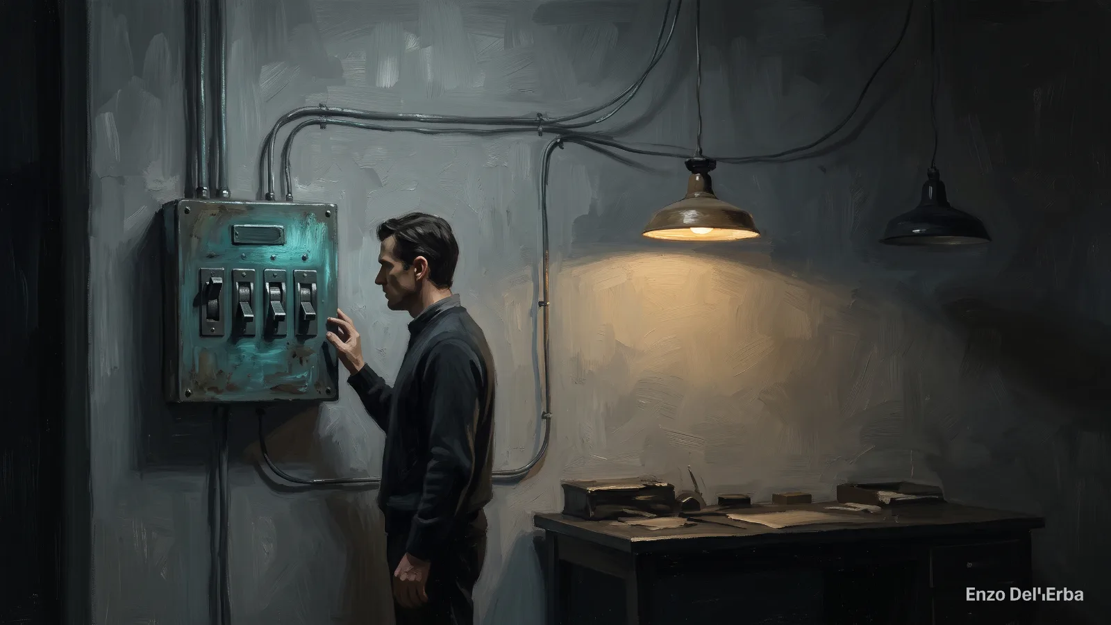 Illustrazione: un uomo davanti a un quadro elettrico con quattro interruttori; delle due lampade sopra la scrivania una è accesa e una spenta