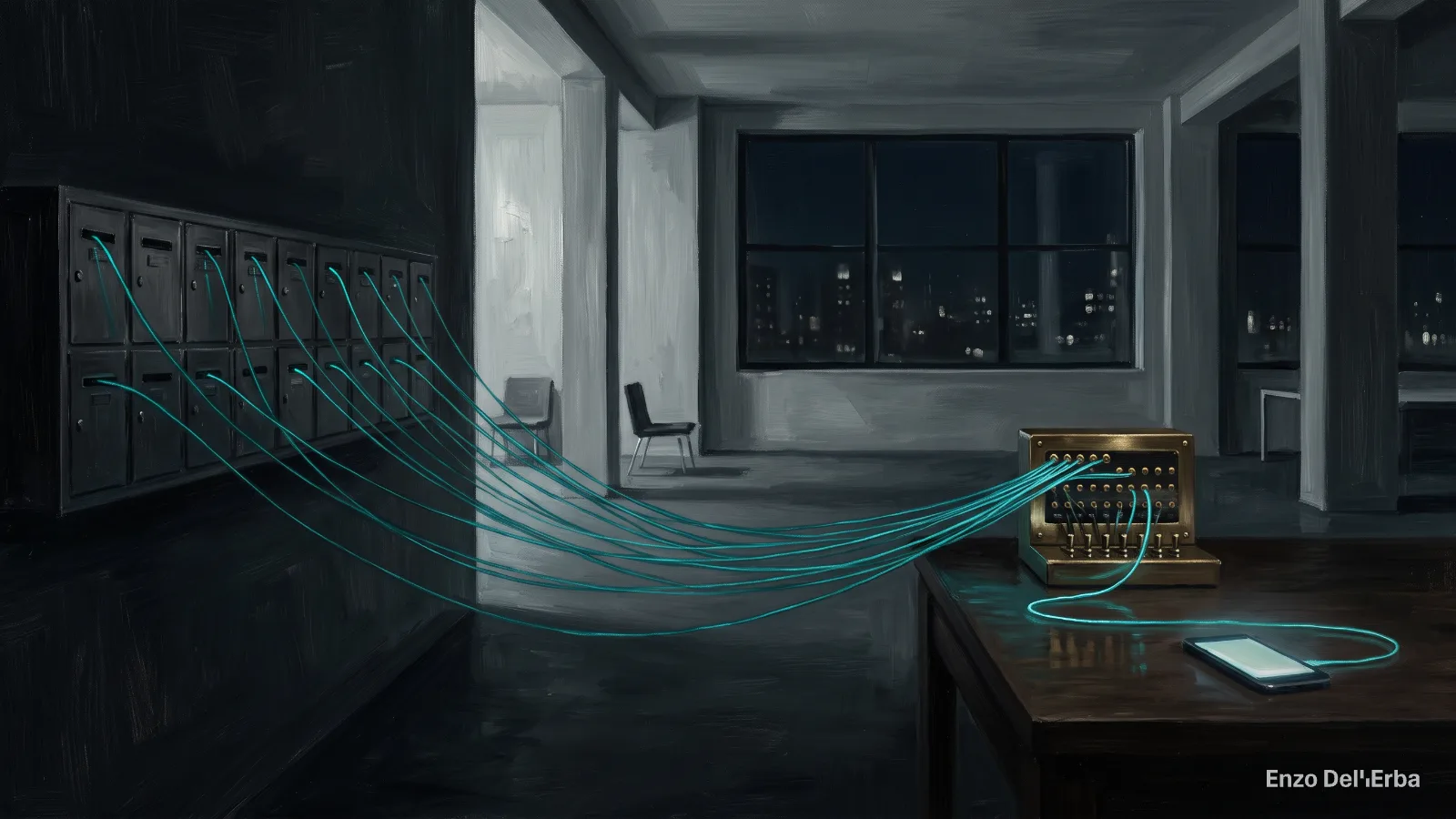 Illustrazione: un ufficio vuoto di sera; da una fila di cassette postali partono fili teal che passano per un vecchio centralino e arrivano a un telefono acceso sulla scrivania