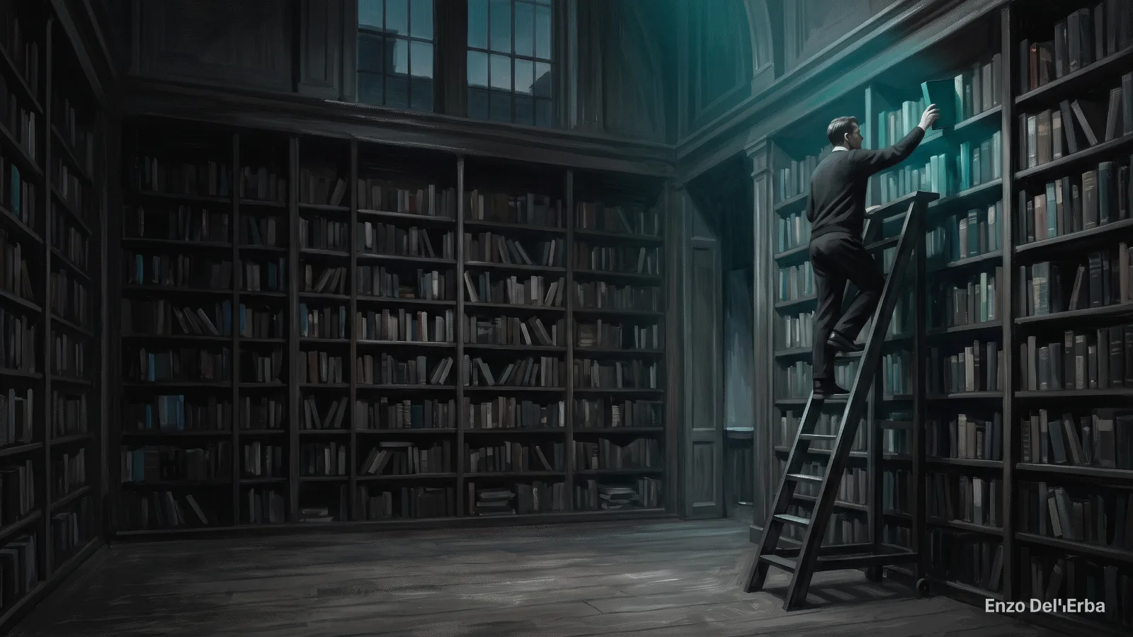 Illustrazione: in una grande biblioteca un uomo su una scala appoggia un libro sullo scaffale più alto, l’unico illuminato